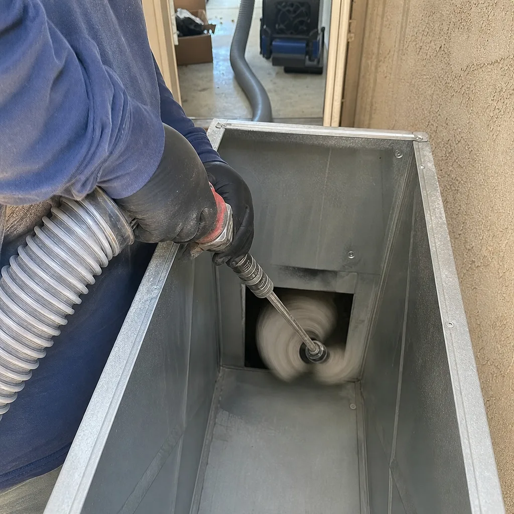 Professional technician performing air duct cleaning with a rotating brush tool.