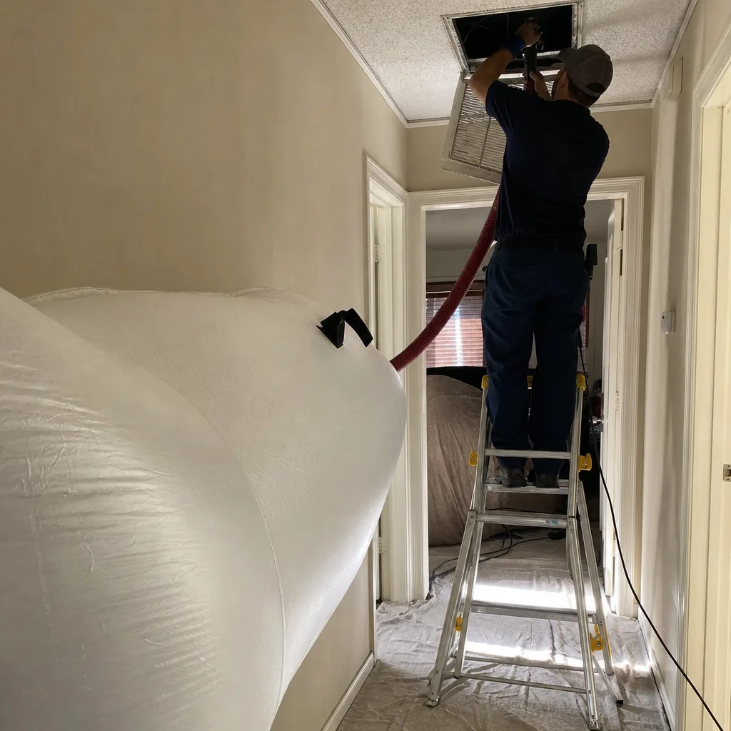 Technician performing professional air duct cleaning in a residential hallway