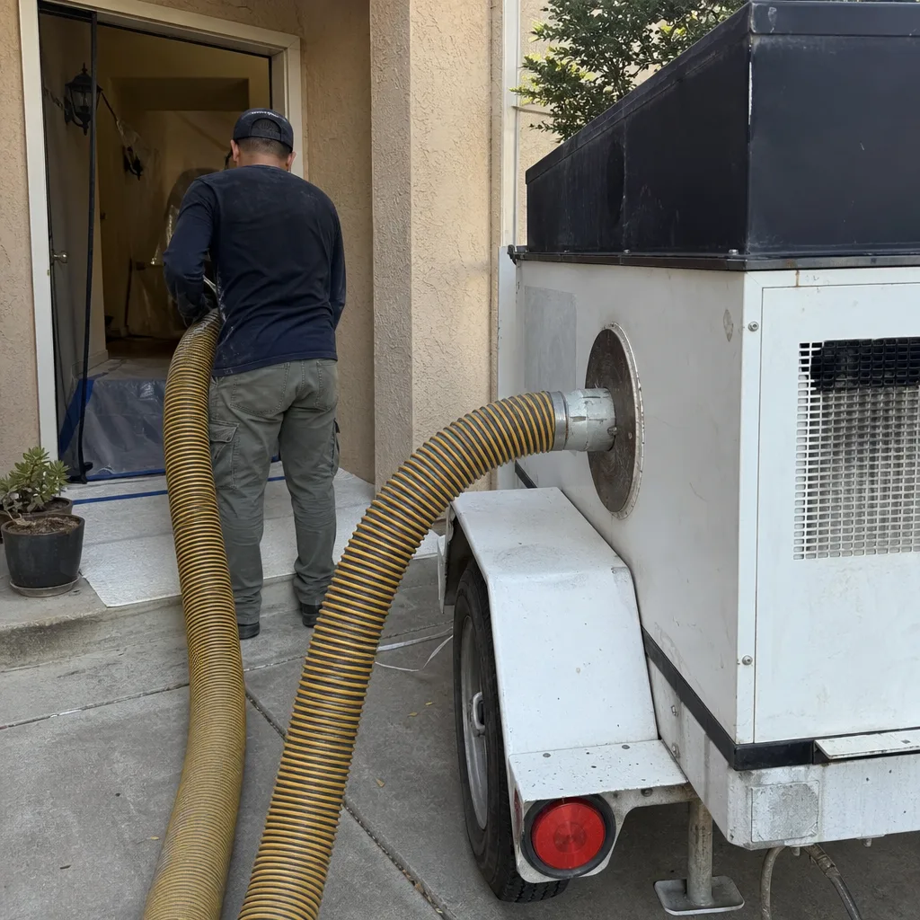 Technician using professional truck-mounted equipment for residential air duct cleaning