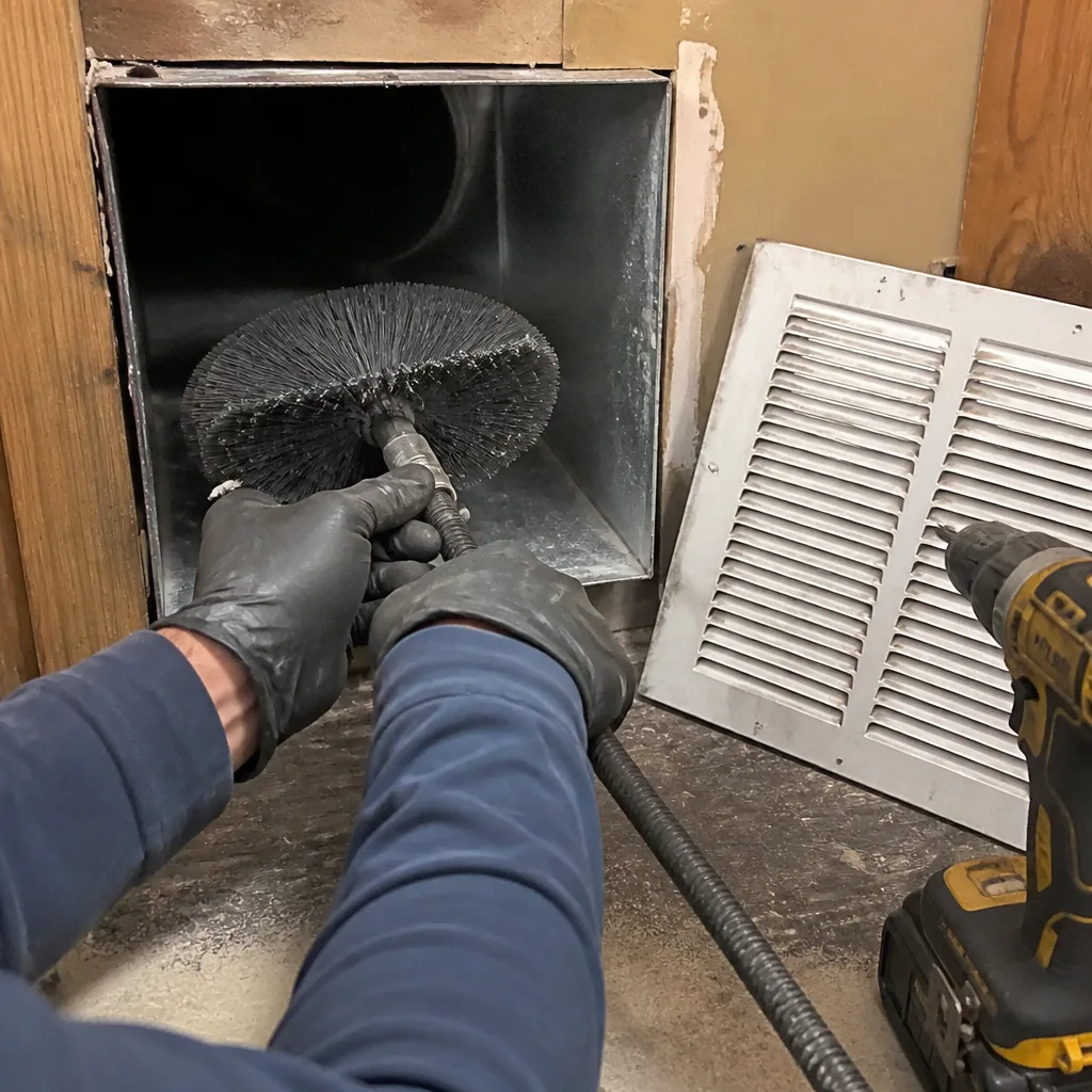 Technician using a professional rotating brush tool for air duct cleaning