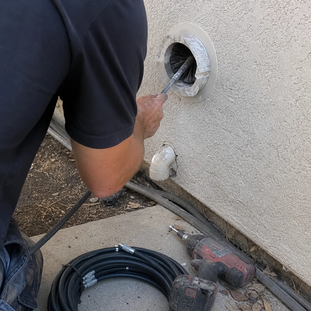 Technician performing professional dryer vent cleaning with a motorized duct brush