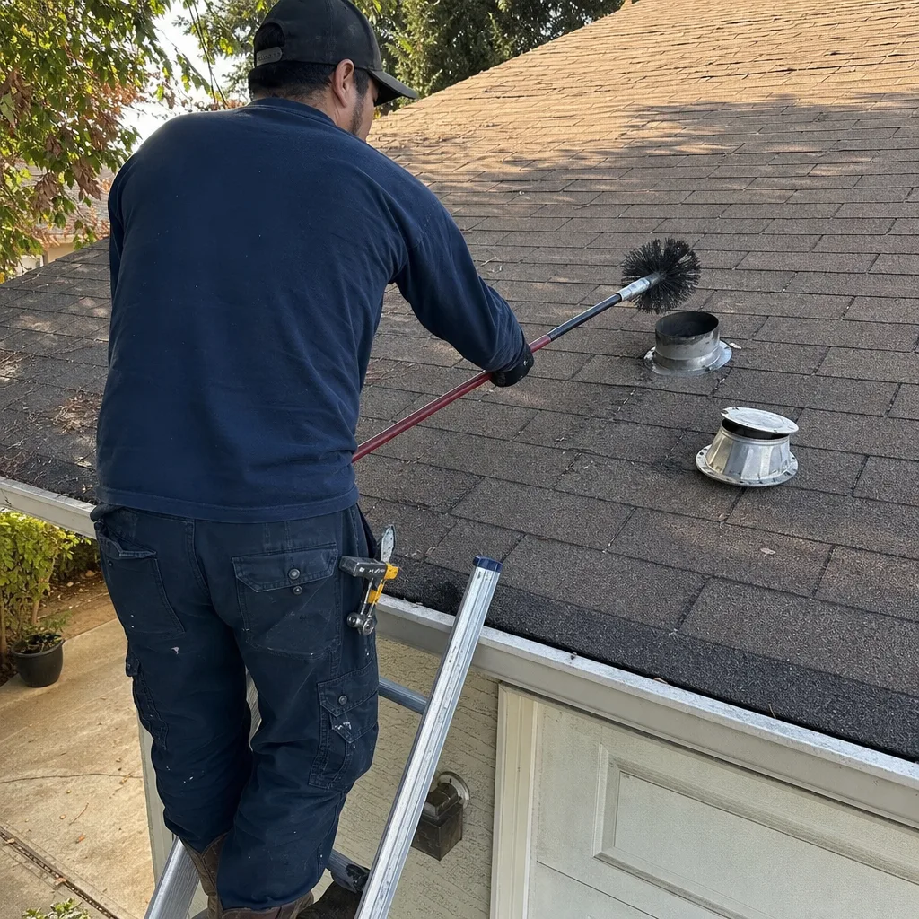 Technician using professional tools for dryer vent cleaning on a residential roof